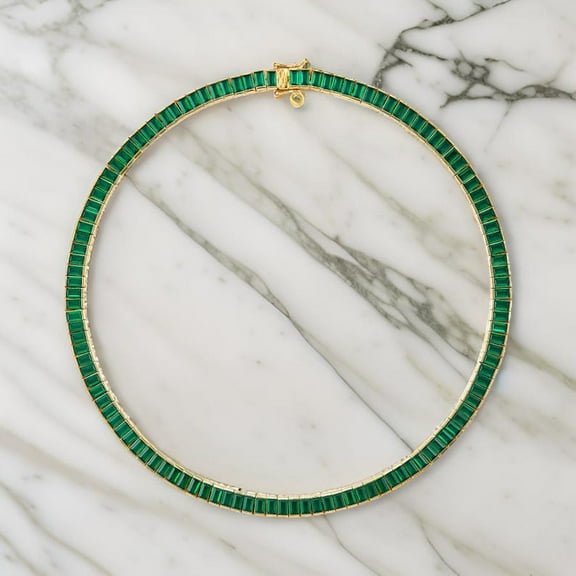 925 Silver Lab Emerald Baguette Tennis Necklace,14k Yellow Gold Plated Baguette Lab Emerald Tennis Necklace,Vintage Necklace,Valantine Gift