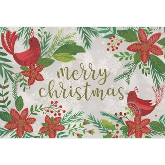 Pictura Red Birds, Sparkling Red Flowers and Green Leaves Framing Gold Text Christmas Card