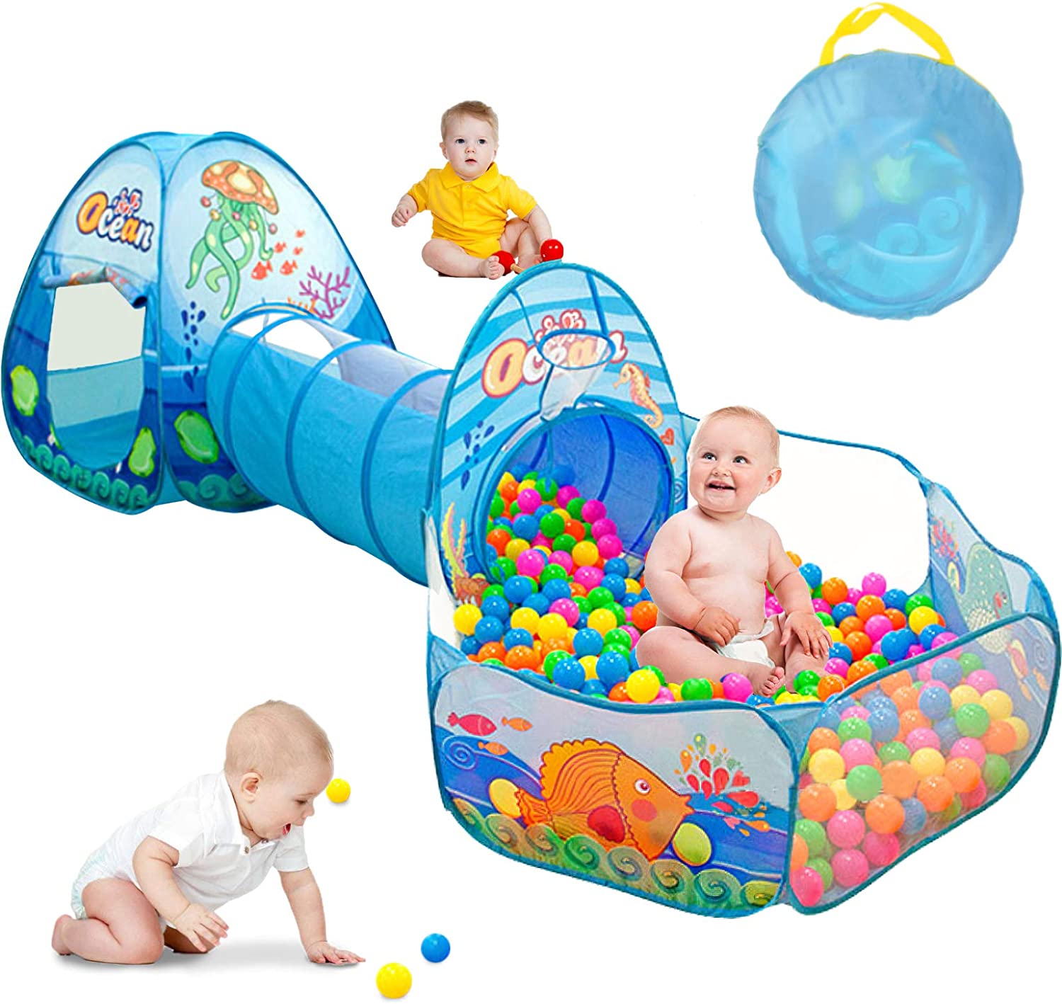 3 in 1 Kids Play Tent, Ball Pit Tents with Play Crawl Tunnel,Pop Up