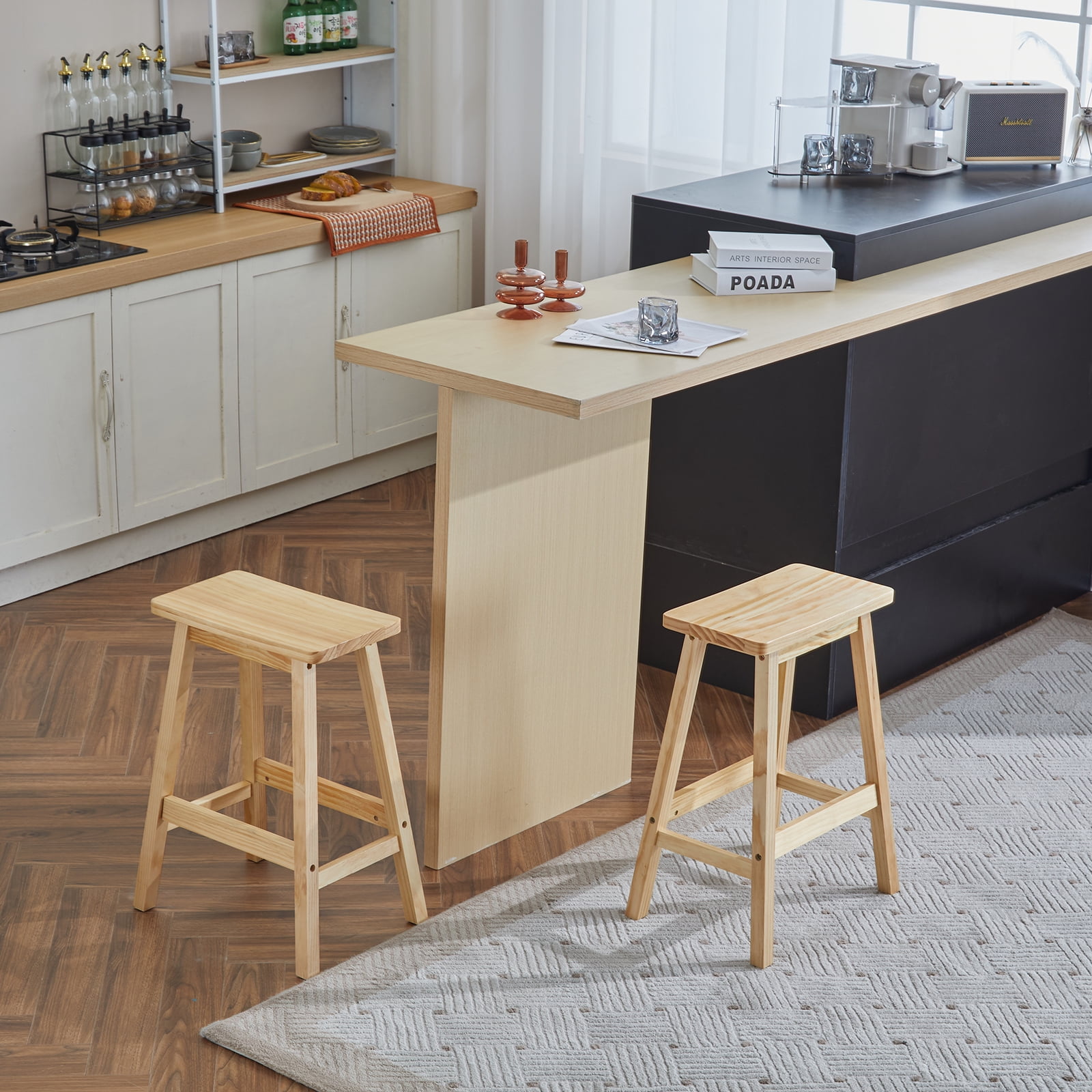 Ktaxon Set of 2 Saddle Seat 24" Bar Stools Wood Dining Room Kitchen Pub Chair,Wood Color