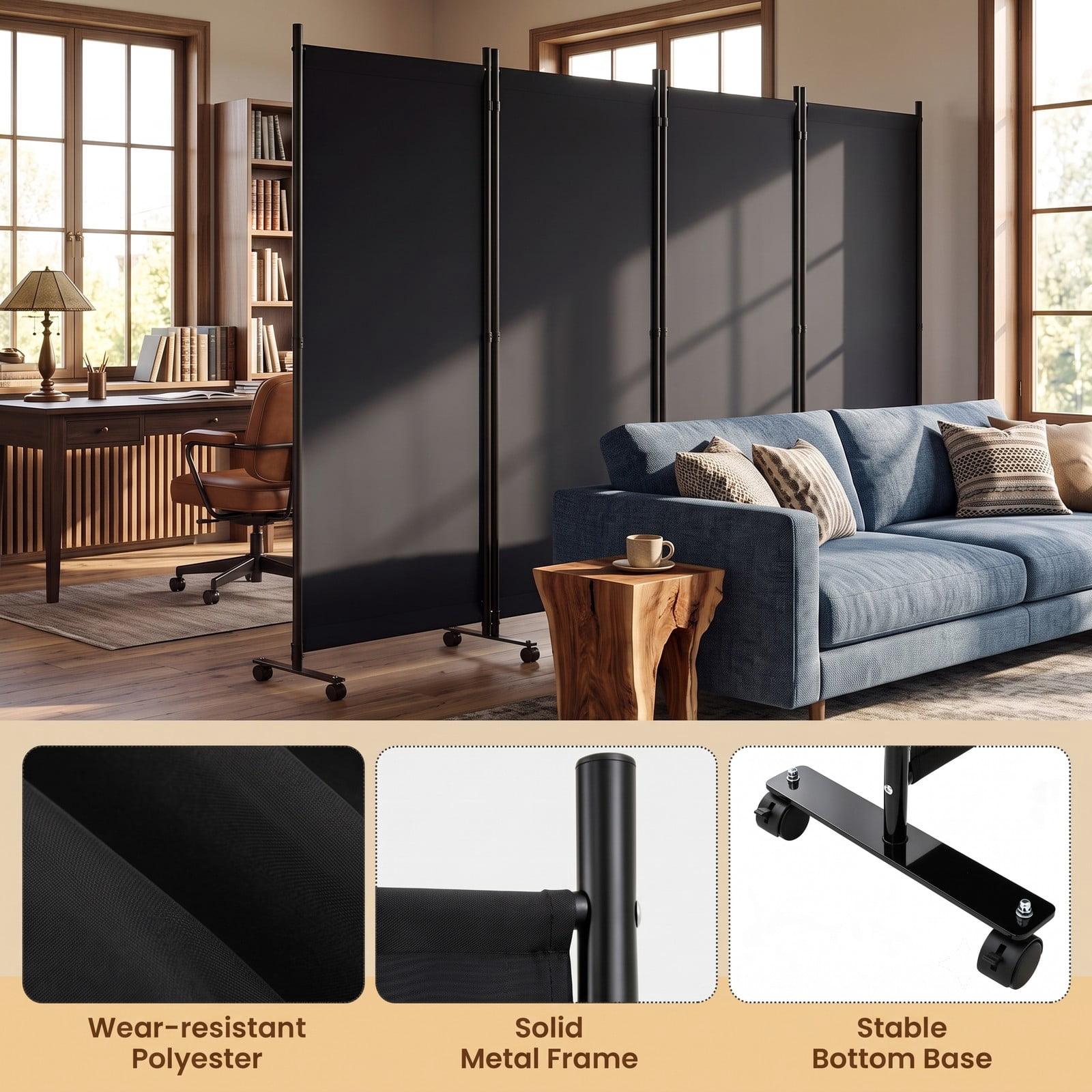 ALPULON 4 Panel Folding Privacy Screen Room Divider with Universal Wheels, Freestanding Portable Polyester Fabric Partition Panel for Living Room Bedroom Office, Black