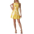 thumbnail image 2 of Vestido sin mangas de cintura alta brillante y acampanado para mujer Inspire Chic, mini vestido amarillo XL, 2 of 6
