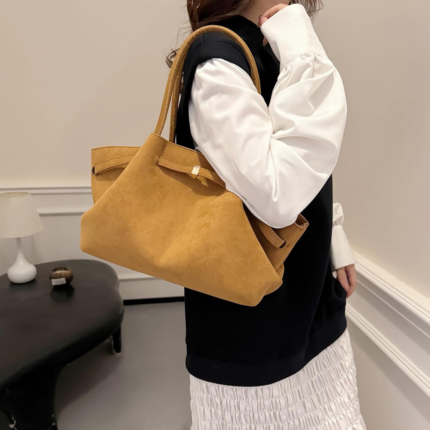 Kwuty Faux Suede Tote Bag for Women, Hobo Handbag Women Vintage Shoulder Bag Purse for Work Office Travel（Coffee）