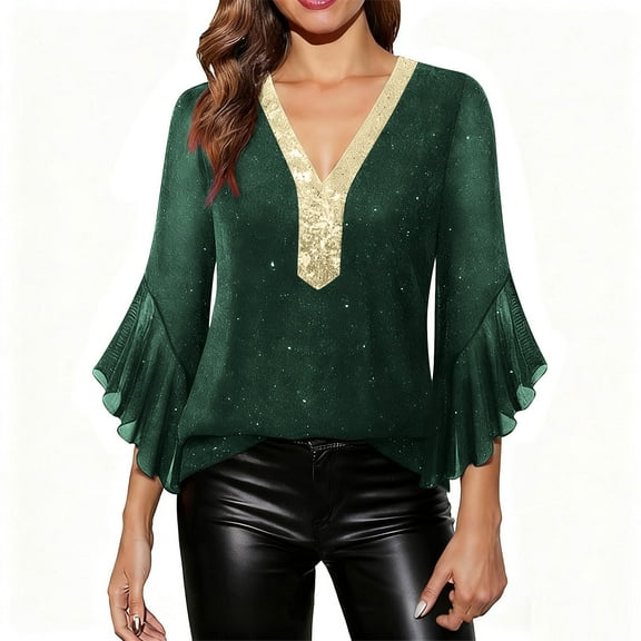Women Ruffle 3/4 Sleeve Sparkly Top Elegant Sequin Deep V Neck Work Blouses Casual Mesh Dressy Evening Party Shirt