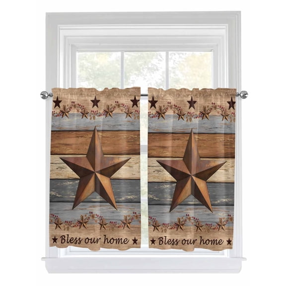Western Texas Star Vintage Bathroom Window Curtain, Retro Farmhouse Gray Brown Wooden Light Filtering Coffee Kitchen Curtains, Bedroom Living Room Curtains 2 Panel 84"x45"
