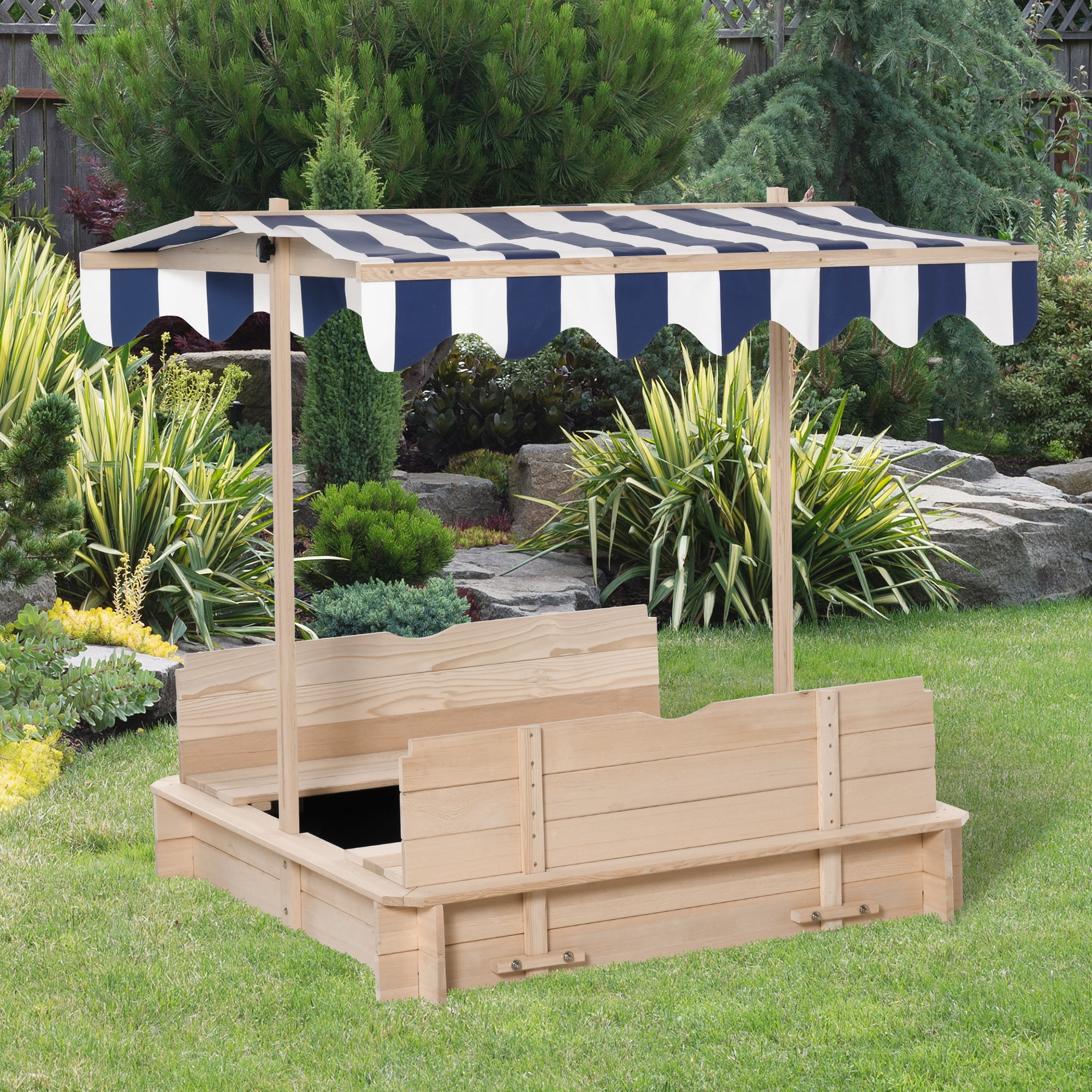 Wooden Kids Sandbox with Cover, Foldable Bench Seats & Adjustable Canopy, Children Outdoor Sand Box with Bottom Liner for Backyard Garden Play