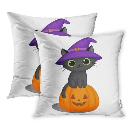 ECCOT Green Cute Black Cat in Witch Hat Sitting on Halloween Pumpkin Orange Pillowcase Pillow Cover 20x20 inch Set of 2