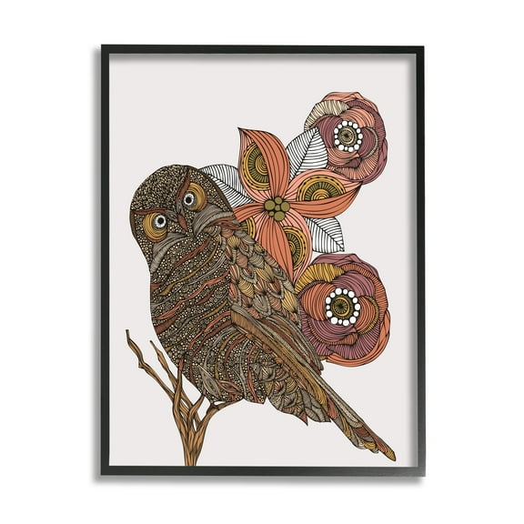 Stupell Industries Elaborate Patterned Owl Flower Blossom Stripes Detail Graphic Art Black Framed Art Print Wall Art, Design by Valentina Harper