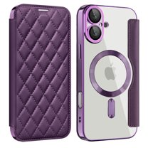 for iPhone 16 Case Compatible with Magsafe, Slim Fit Flip Protective PU Leather Wallet Case with RFID Blocking Card Slot Build-in Len Protector for iPhone 16, Purple