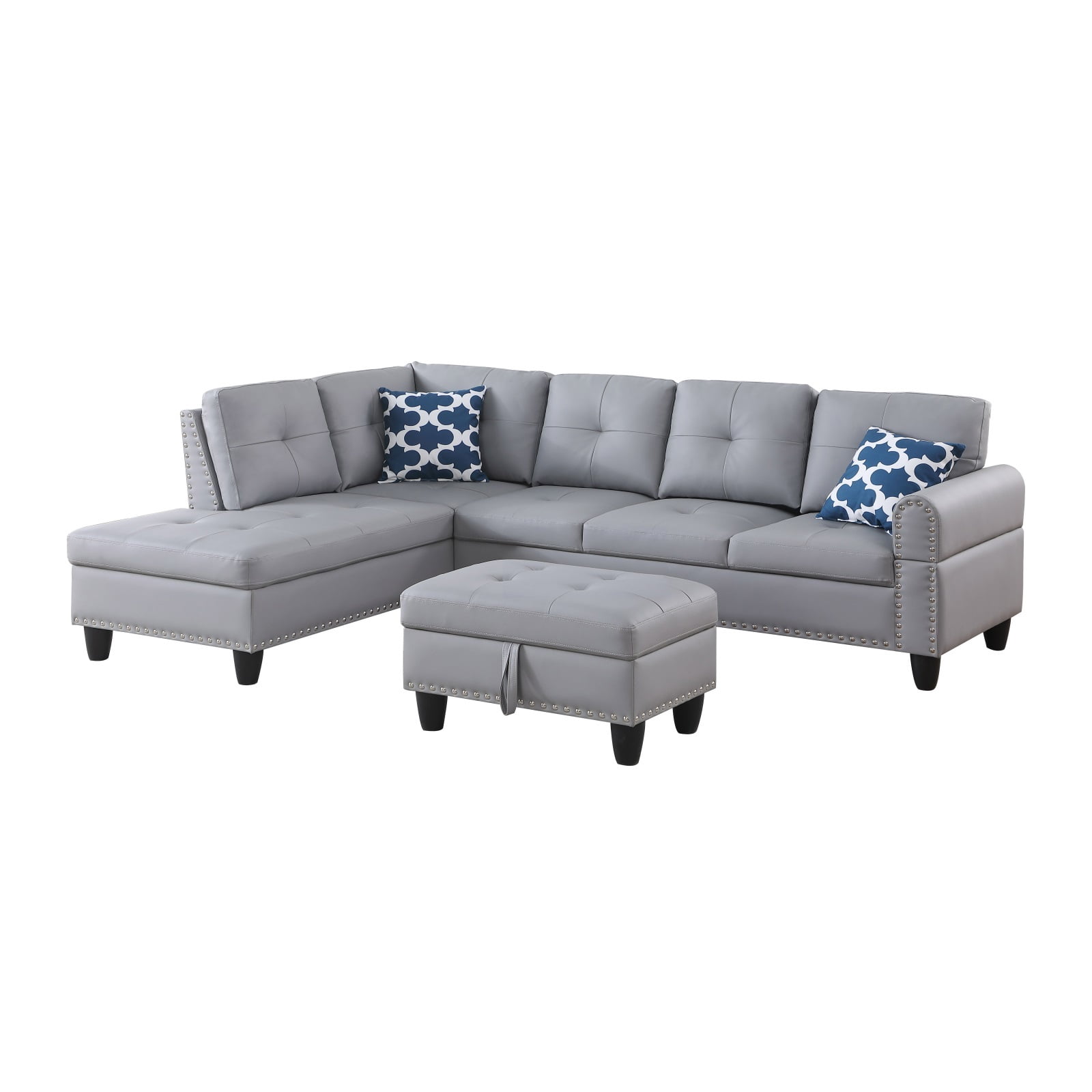 Hommoo L-Shaped Upholstered Sectional Sofa Couch with Storage & Cup Holders, Faux Leather Living Room Sofa Set, With Ottoman, Gray