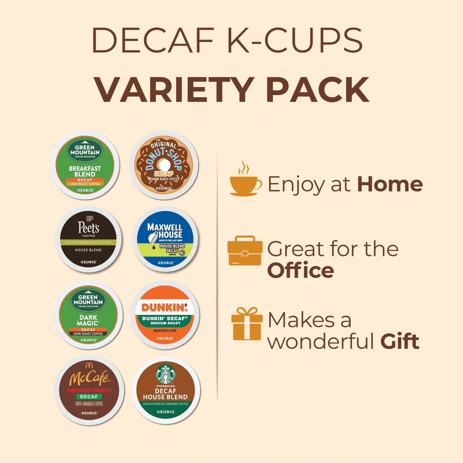 30-Pack Decaf Coffee K Cups Variety Pack: Green Mountain, Dunkin, Starbucks, Peets, McCafe, Donut Shop Keurig Decaf Coffee Pods; Includes Dark, Medium & Light Roasts and Recipe eBook