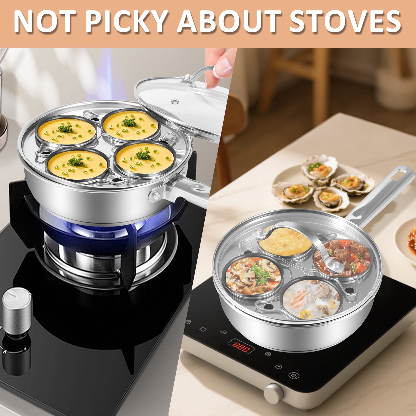 FUYGRCJ Egg Poacher Pan, Stainless Steel Poached Egg Cooker, Perfect Poached Egg Maker Pan, Induction Cooktop Egg Poachers Cookware Set, Stovetop Egg Poacher Set with 4 Nonstick Egg Poacher Cups