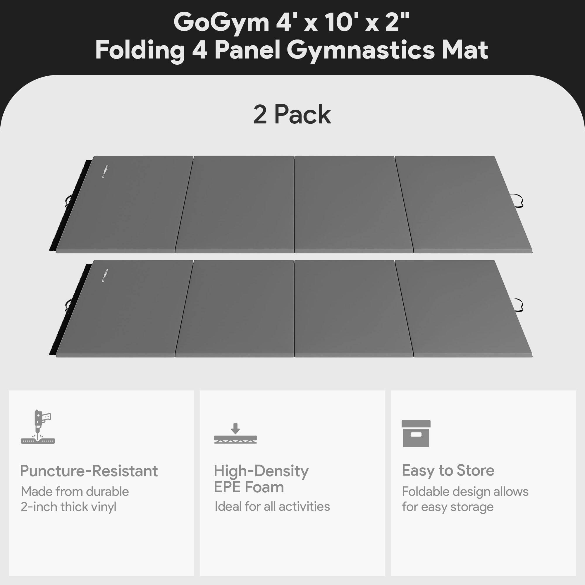 BalanceFrom 2-Pack 10ft x 4ft x 2in 4-Panel All-Purpose Folding Gymnastics Mat, Gray