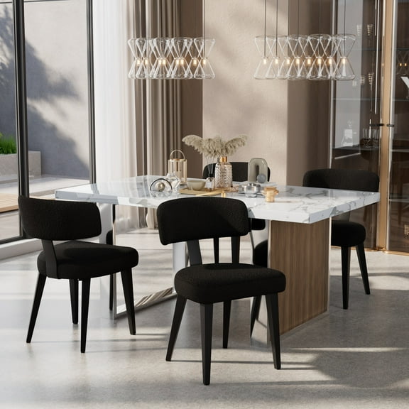 Katboc 4 Pcs Modern Dining Chairs, Boucle Upholstered with Curved Backrest & Black Legs, Mid-Century for Kitchen, Dining Room, Living Room, Black