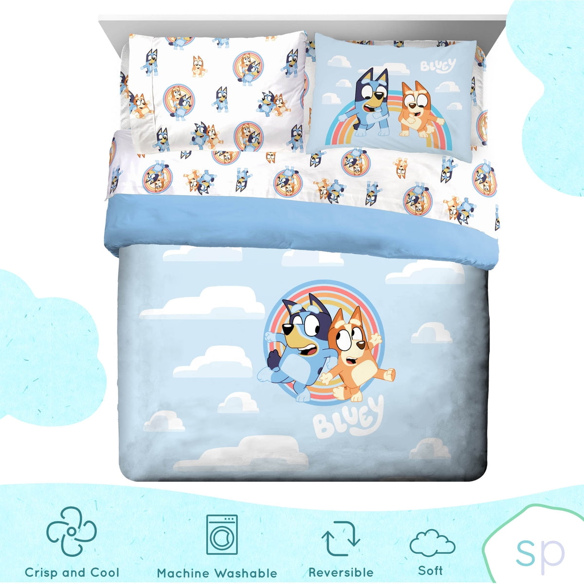 Saturday Park Bluey Rainbow in the Clouds 100% Organic Cotton 5 Piece Twin Bed Set