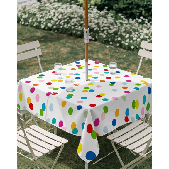 Outdoor Tablecloth with Umbrella Hole, Colorful Polka Dot Seamless Zippered Table Cloth for Rectangle Tables, Geometric Potted Theme Washable Waterproof Tablecloths for Picnic Patio Garden
