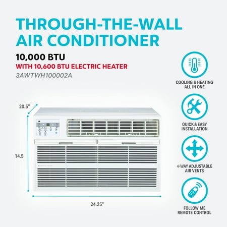 Arctic Wind - 10,000 BTU 230V Through the Wall Air Conditioner with Supplemental Heat and Remote Control - White