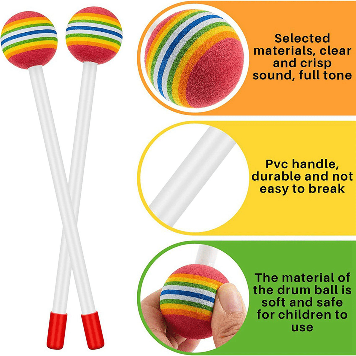 36 Pcs Lollipop Drum Mallet Sticks Round Rainbow Hammer Percussion Sticks Drumsticks for Kids Child Mallet Musical Toy