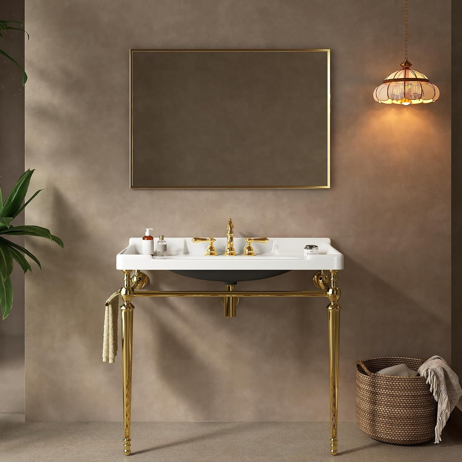36"Console Bathroom Sink, Freestanding Console Sink With Stainless Brushed Gold Legs, Modern Bathroom Vanity with 3 Tap Holes