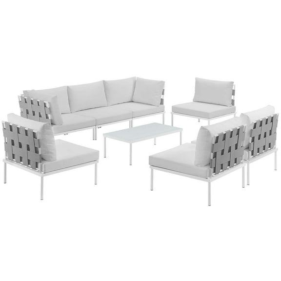 Modern Contemporary Urban Design Outdoor Patio Balcony Eight PCS Sectional Sofa Set, White, Rattan
