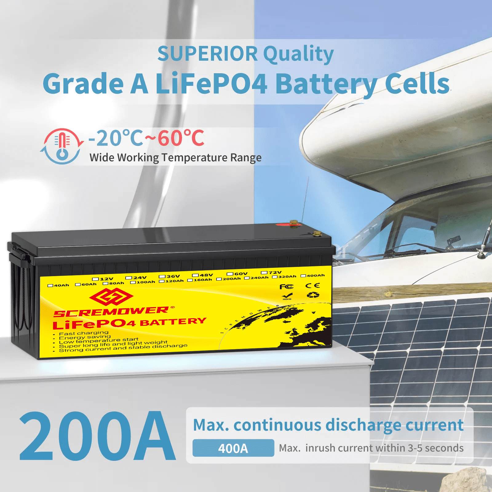 SCREMOWER 12V 400AH LiFePO4 Lithium Iron Battery Built-in 200A BMS for RV, Golf Cart