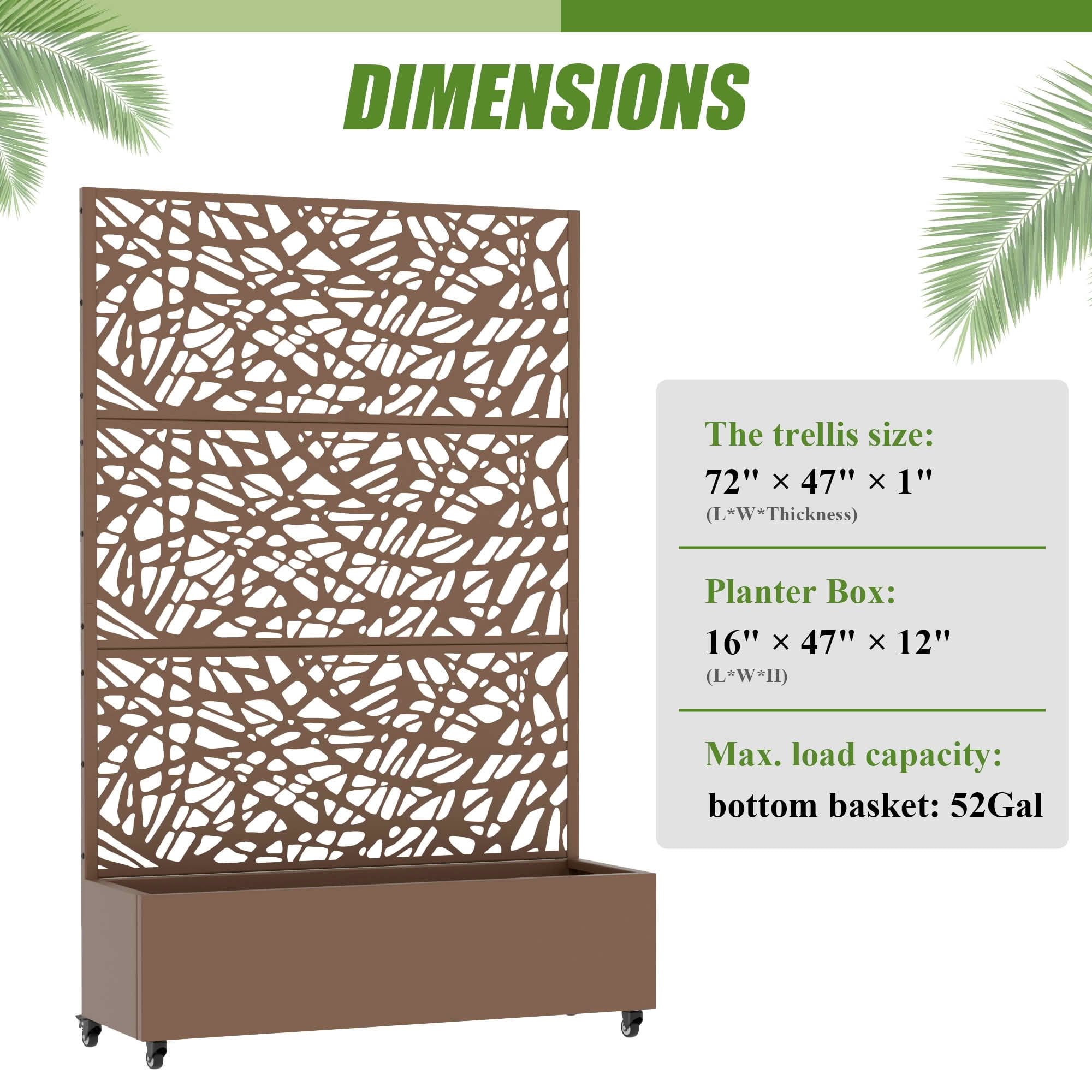 MAYEERTY 72X47" Metal Outdoor Brown Privacy Screen with Planter Box for Backyard & Garden, 3 Piece Set