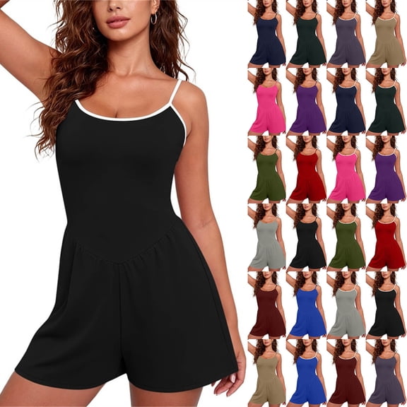 Sevevn Women’s Sleeveless Romper Casual Summer Jumpsuit Spaghetti Strap One Piece Shorts Outfit Loose Fit Lounge Playsuit Vacation Beachwear Cute Daily Wear Outfit
