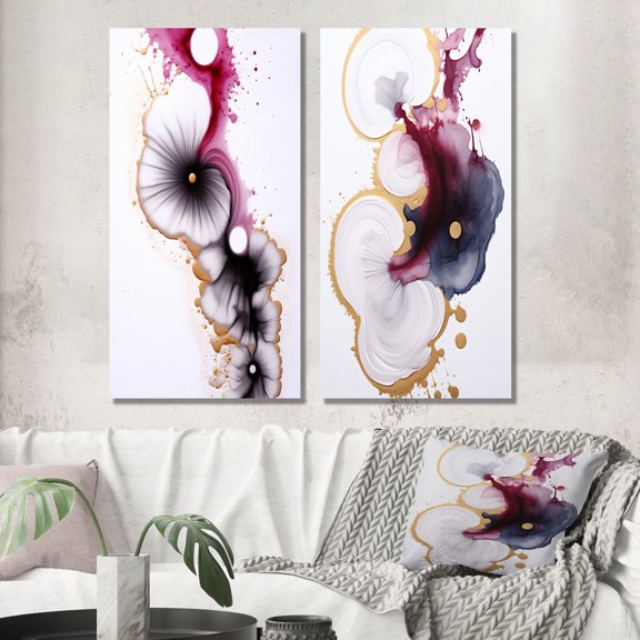 Designart "Ethereal Elegance Magenta Ink Clouds VI" Abstract Painting Wall Art Set Of 2 - Modern Gold Canvas Set For Living Room Decor
