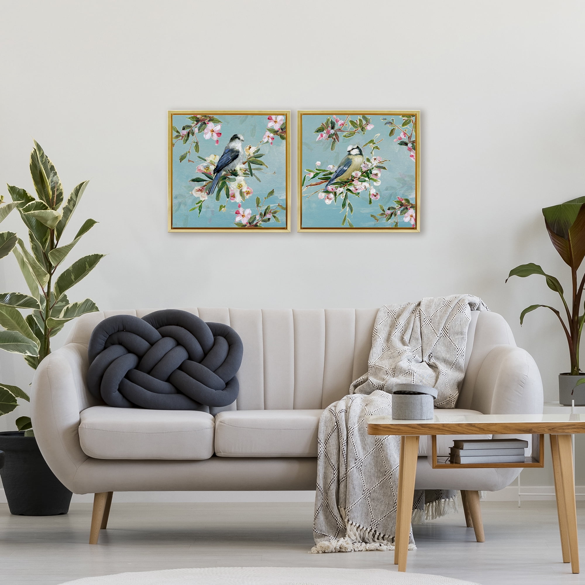 Stupell Industries Songbirds Among Spring Blossoms 2 Piece Gold Framed Floater Canvas Set, design by Sally Swatland