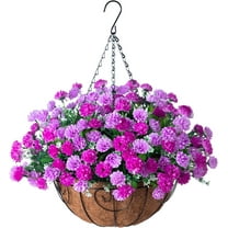 Artificial Hanging Flowers in Basket, Fake Silk Hanging Planter, Faux Colorful Daisy Vines Arrangement with Coconut Lining Baskets Outdoors Indoors Courtyard Spring Decor(Darkorchid)