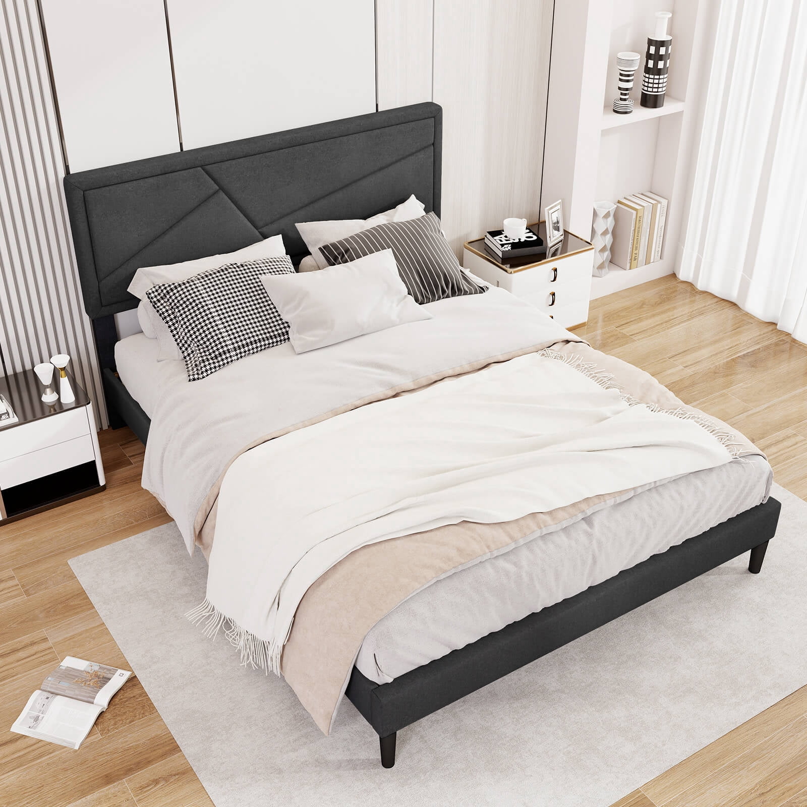 Infans Queen Size Bed Frame w/ High Headboard & Wooden Slats No Box Spring Needed