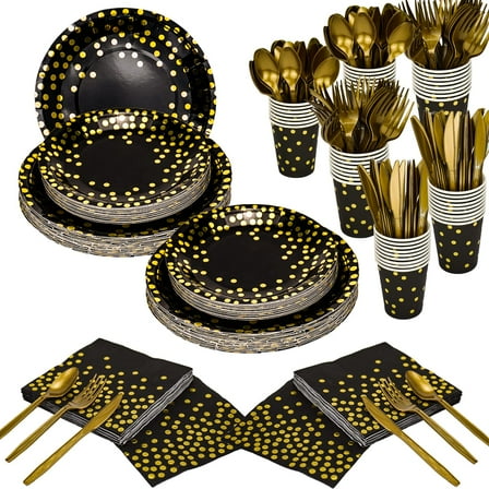 700 Pieces Gold Disposable Party Dinnerware Set &Golden Dot Disposable Party Dinnerware - Black Paper Plates Napkins Cups, Gold Plastic Forks Knives Spoons