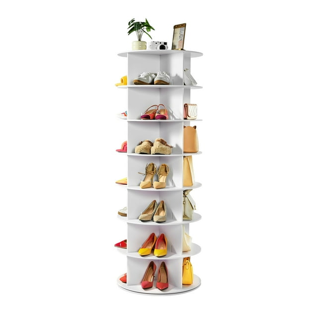 KFFKFF 7 Tiers Rotating Shoe Rack Tower, 360° Spinning Shoe Rack, Revolving Storage Round Carousel Display, Freestanding Lazy Susan Organizer Display, White