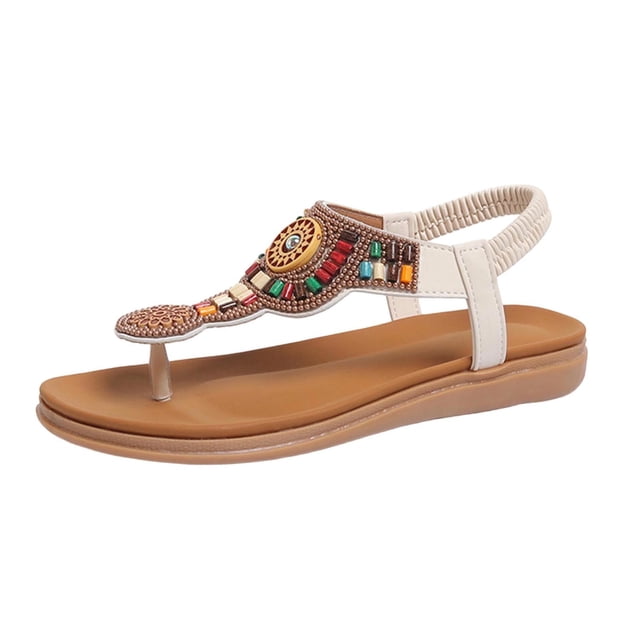 Sandalias Planas con Correas de Tobillo Bohemian Beaded Toe Post Sandalias para Mujeres, Correa Elástica Zapatos Casuales para el Uso de la Playa de Verano