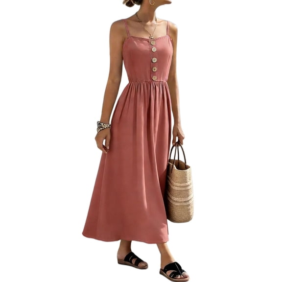 Women's Spaghetti Strap Button Front Midi Dress Casual Summer Sundress Red S