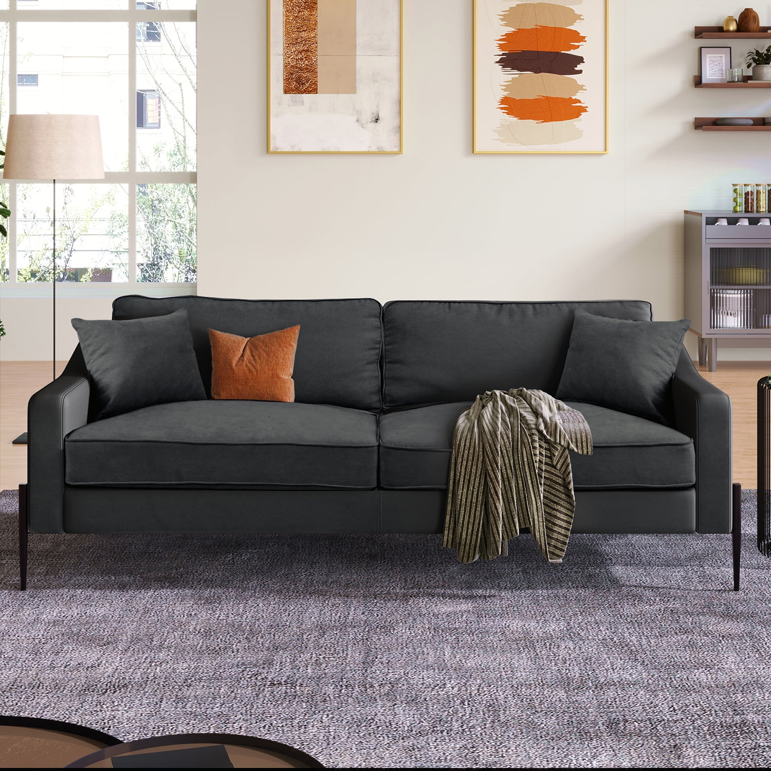 Kadyn Upholstered Modern Loveseat, 81" Sofa Couch with Metal Legs, Durable with 2 Pillows, 2-3 People Seat Capacity, Dark Gray