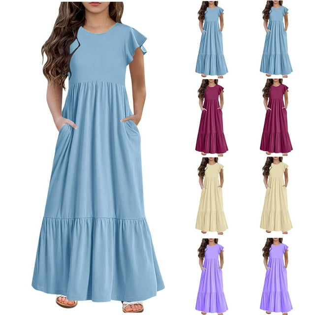 Zwiiyzr Robe d'Été pour Filles 6-13 Ans Couleur Unie Manches Flottantes Robe d'Été Smockée avec Poche Robe Décontractée pour Tout-Petits Beige