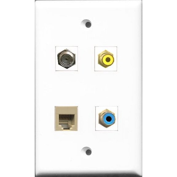 RiteAV 1 Port RCA Yellow and 1 Port RCA Blue and 1 Port Coax Cable TV- F-Type and 1 Port Phone RJ11 RJ12 Beige Wall Plate