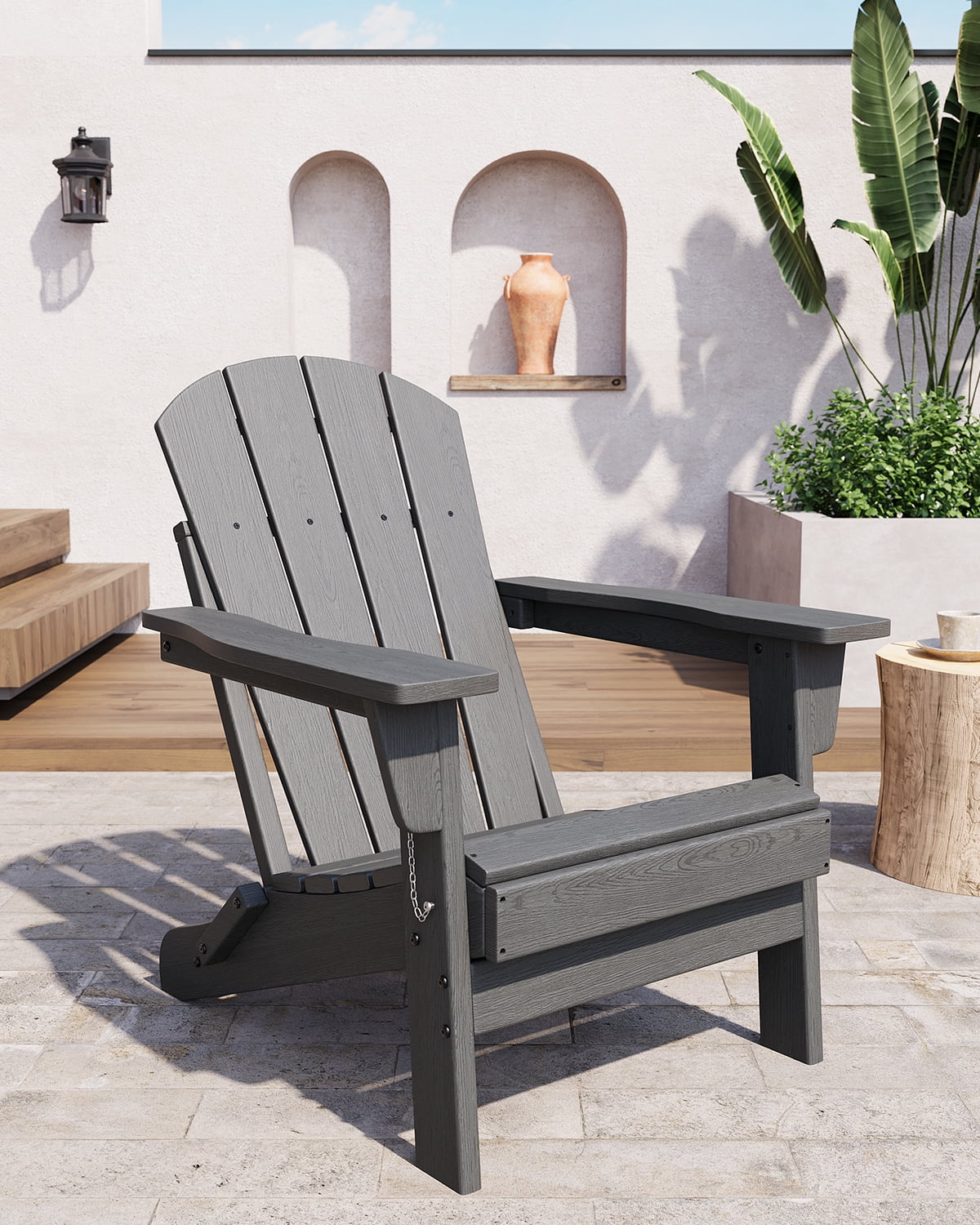 SOLLED Folding Patio Chair, Heavy Duty HDPE Adirondack Chair with 380 lbs Capacity & Cup Holder, All-Weather Outdoor Chair for Backyard Poolside Garden,Gray