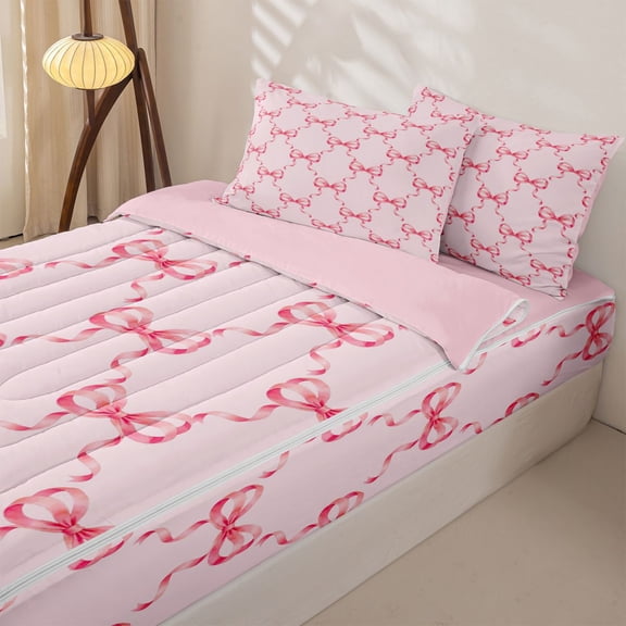 Manfei Pink Princess Bow Zipper Twin Comforter Sets with Fitted Sheet and 2 Pillowcases for Girls, Cartoon Bowknot Style Zipper Bedding Set, Pink Reversible, 4pcs