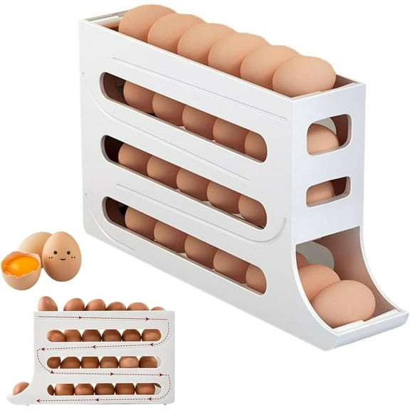 4 Tiers Egg Holder For Fridge Auto Rolling Fridge Egg Organizer,Egg Dispenser For Refrigerator Space-Saving Egg Holder Egg Storage For Refrigerator Large Capacity Eggs Dispenser (Grey)