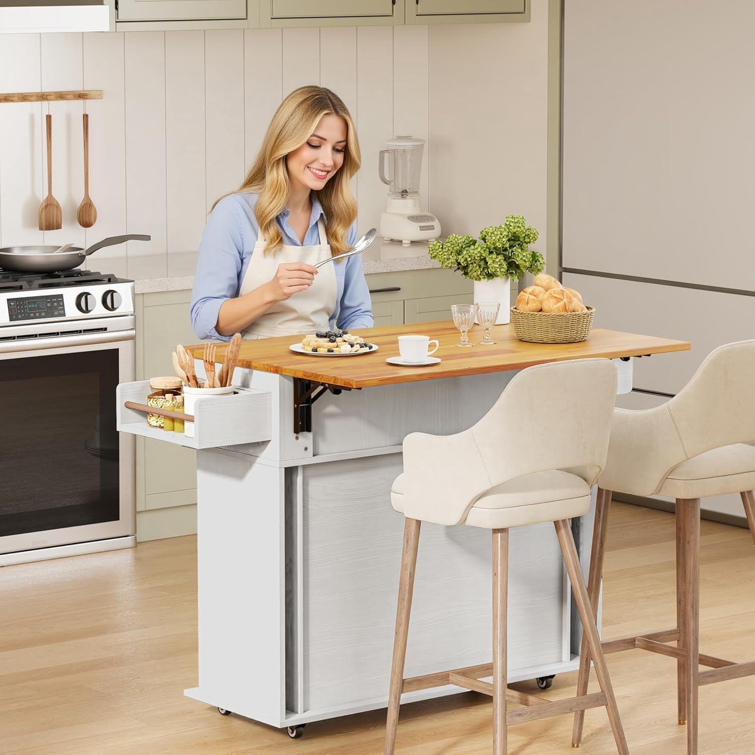 39.4" Rolling Kitchen Island Cart with Drop Leaf Countertop, Sliding Door, Drawers, Spice Rack, and 2-Tier Storage, Grayish White
