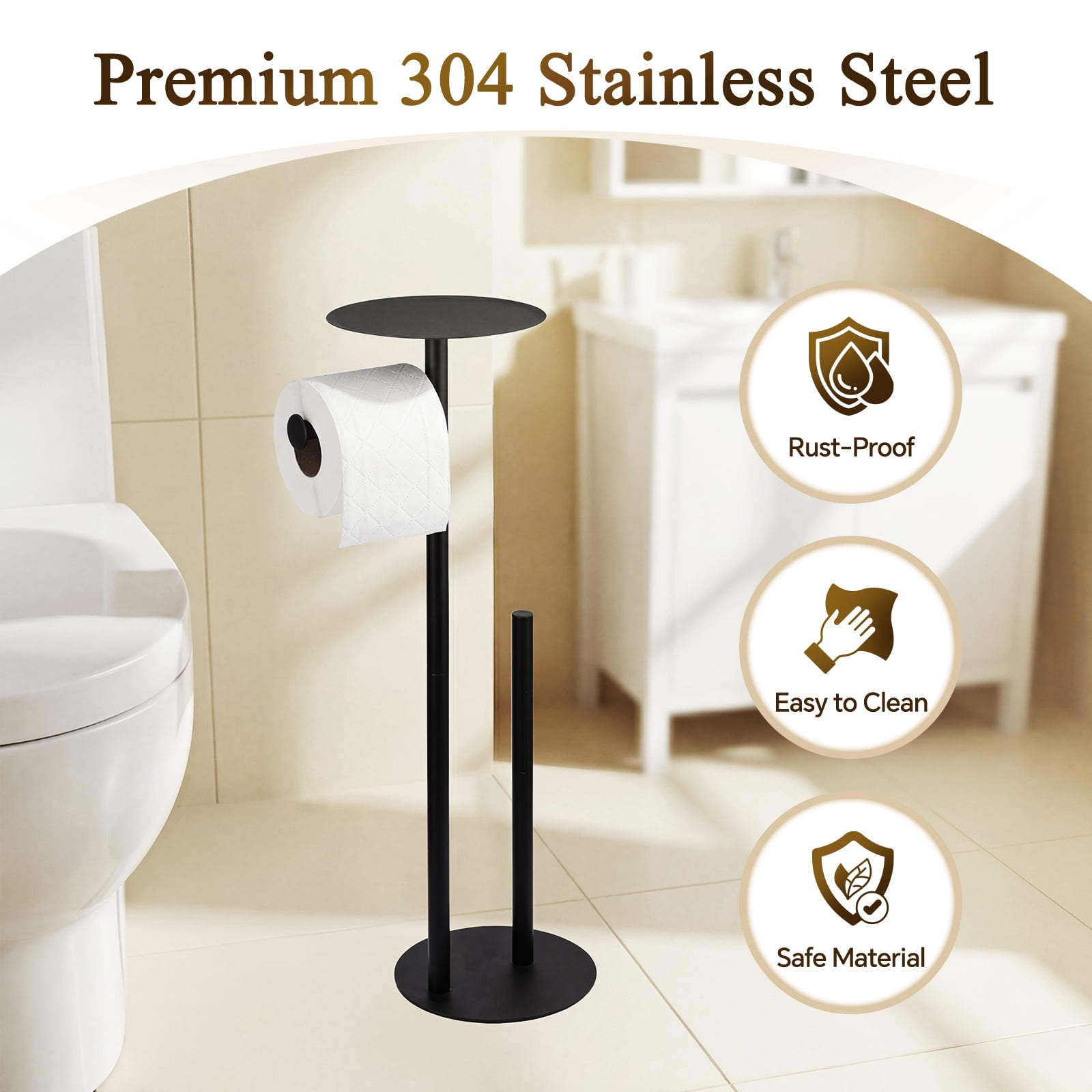 Towond Toilet Paper Holder Free Standing, 304 Stainless Steel Toilet Paper Stand for 4 Rolls with Top Storage Shelf for Phone & Small Items, Bathroom Organizers and Storage, Black