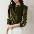 thumbnail image 2 of DDAPJ pyju Ruffle Collar Velvet Blouse for Women's Vintage Frilled Neck Buttoned Front Long Puff Sleeve Velvet Tops Business Casual Dress Shirt Green XL, 2 of 8