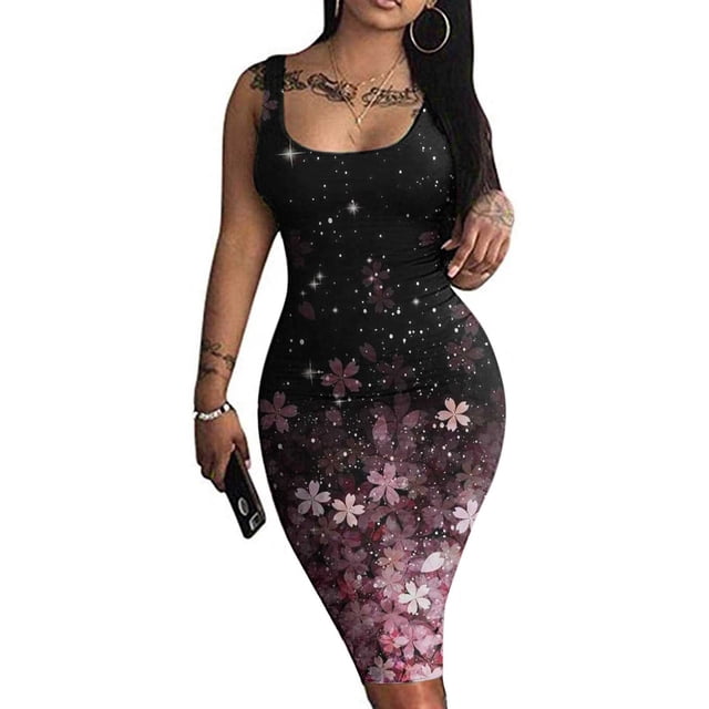 Lenago Robes d'Été Grande Taille pour Femmes Mode Décontractée Été Sans Manches Épaules Dénudées Imprimé Robe à Col Rond Robes d'Été de Plage en Liquidation