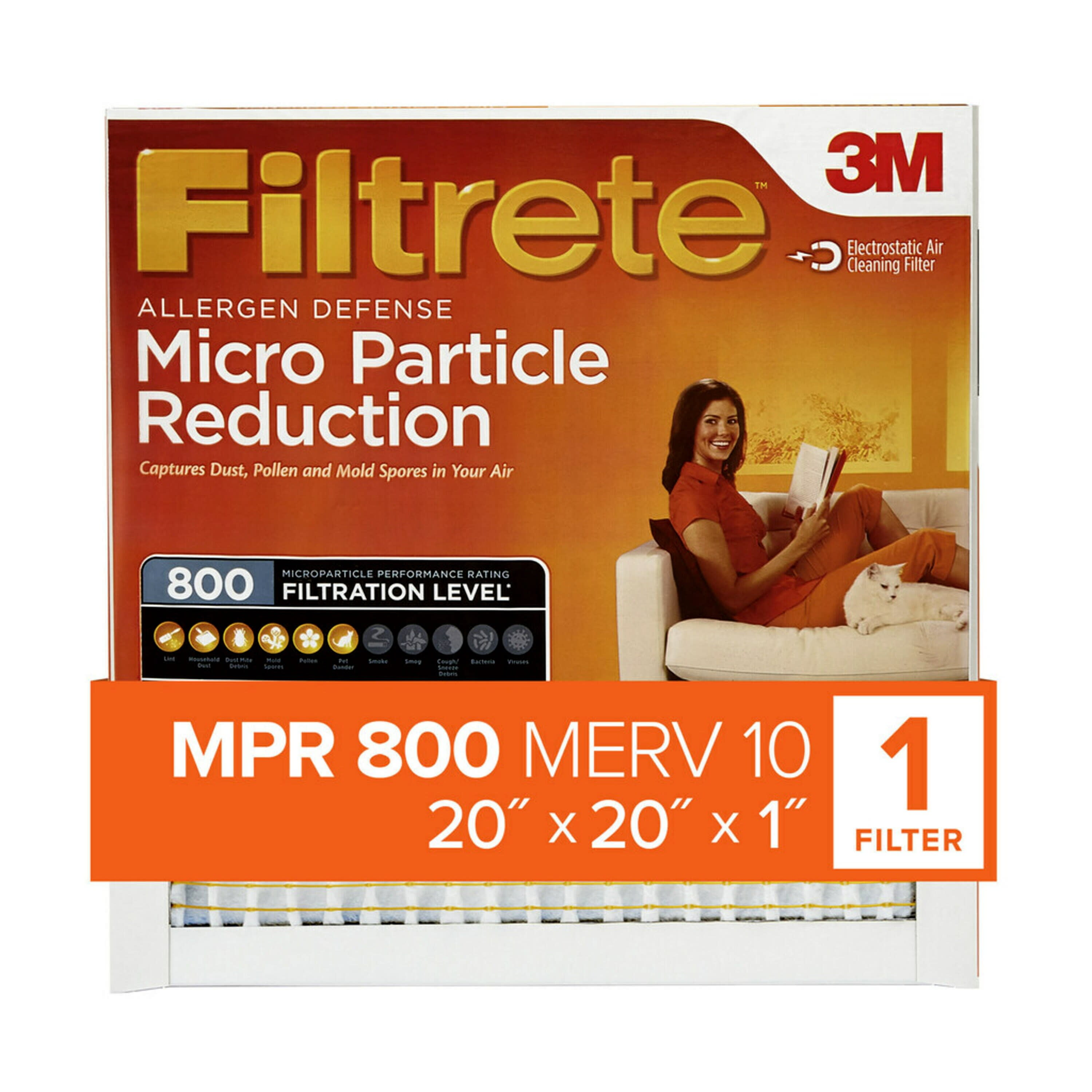 Filtrete by 3M, 20x20x1, MERV 10, Micro Particle Reduction HVAC Furnace Air Filter, Captures Pet Dander and Pollen, 800 MPR, 1 Filter