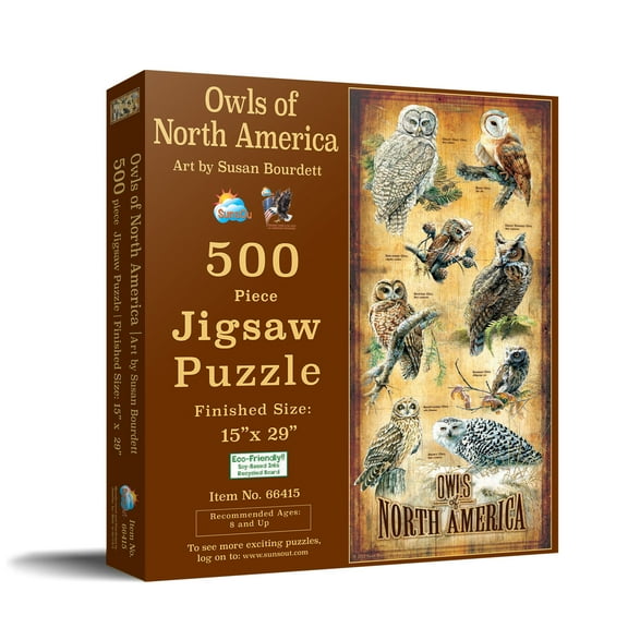 SUNSOUT INC - Owls of North America - 500 pc Jigsaw Puzzle by Artist: Susan Bourdet - Finished Size 15" x 29" - MPN# 66415