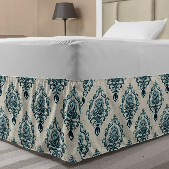Damask Bed Skirt, Nostalgia Themed Composition with Baroque Blooms and Hand Writing Backdrop, Elastic Bedskirt Dust Ruffle Wrap Around for Bedding Decor, 4 Sizes, Tan Petrol Blue, by Ambesonne