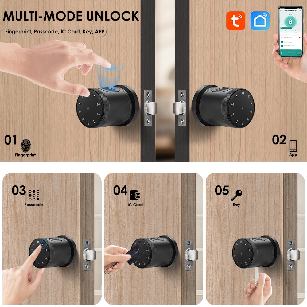 Smart Fingerprint Door Lock, 5 in 1 Smart Fingerprint Door Knob with Keypad, App Control, IC Card,Auto Lock, Biometric Door Knob with Lock for Bedroom, Apartment, Garage, Home & Office