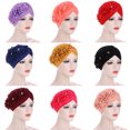 thumbnail image 3 of Dress Choice Women Solid Color Stretch Turbans with Three Flowers Decoration Head Beanie Cover Twisted Pleated Headwrap Breathable Hair Cover Beanie Hats for Women Girls, 3 of 8